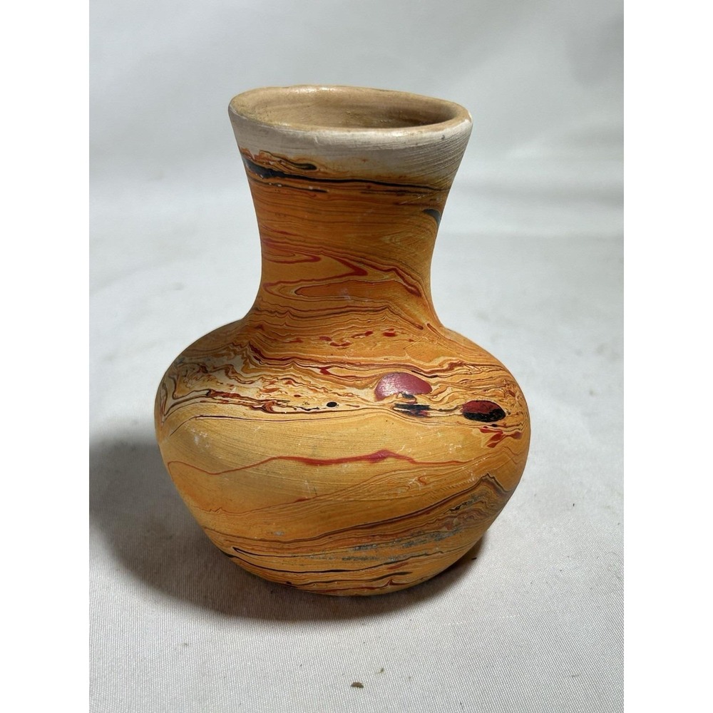 VTG Nemadji Pottery Bulbous Vase Stamped 4" Inches Tall Red Orange Native Clay